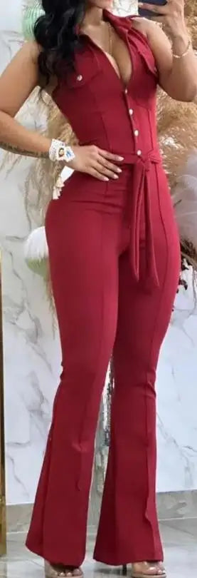 Sleeveless Sexy Plain Tied Detail Skinny Long Flared Jumpsuit