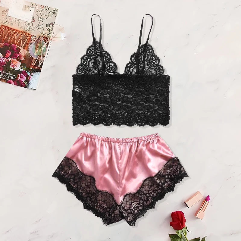 New Sexy Lace See-Through Black Pink Shorts Set