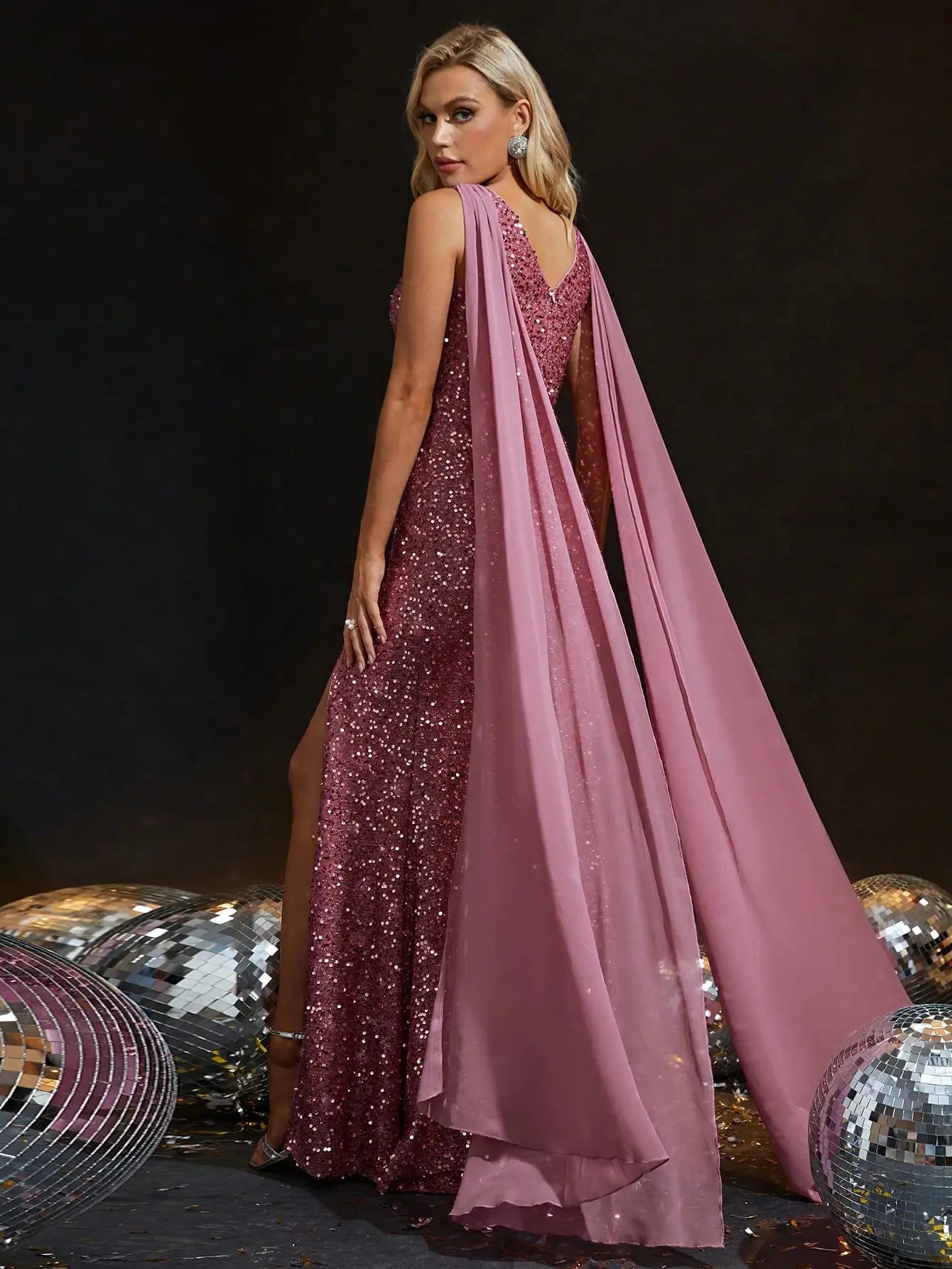 Deep V slim drop scarf Fish tail high slit sequin dress