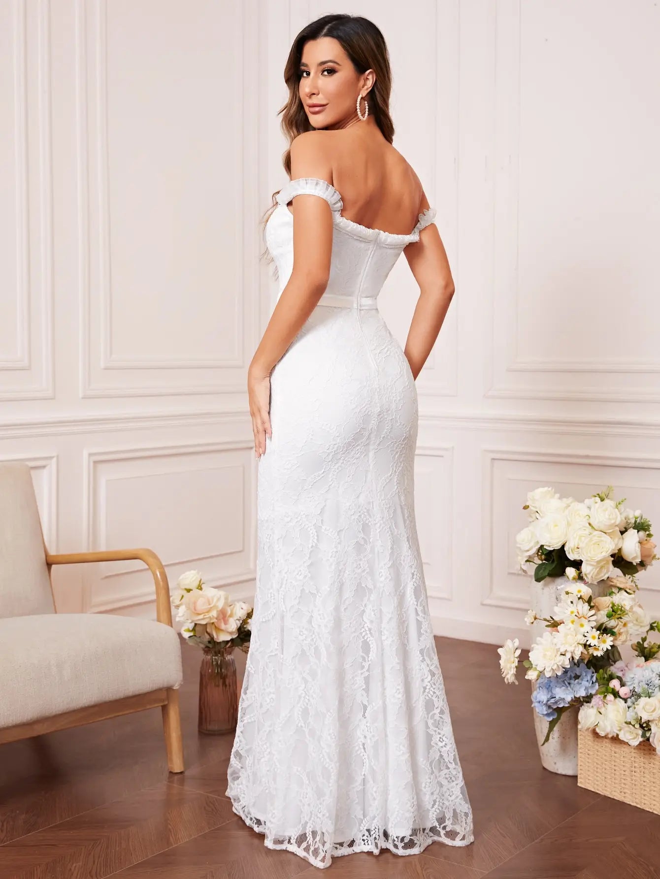 White lace detailing fishtail Evening gown