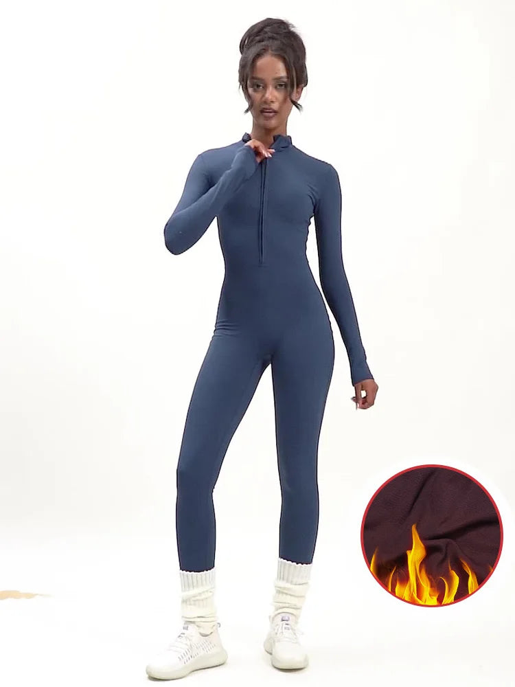 Winter zipper nude tight yoga jumpsuit