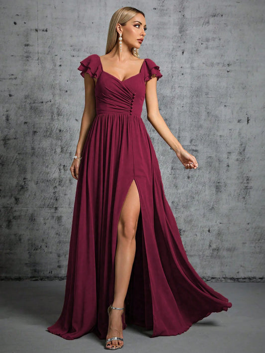 Horseshoe collar ruffled sleeves clasp open evening dress