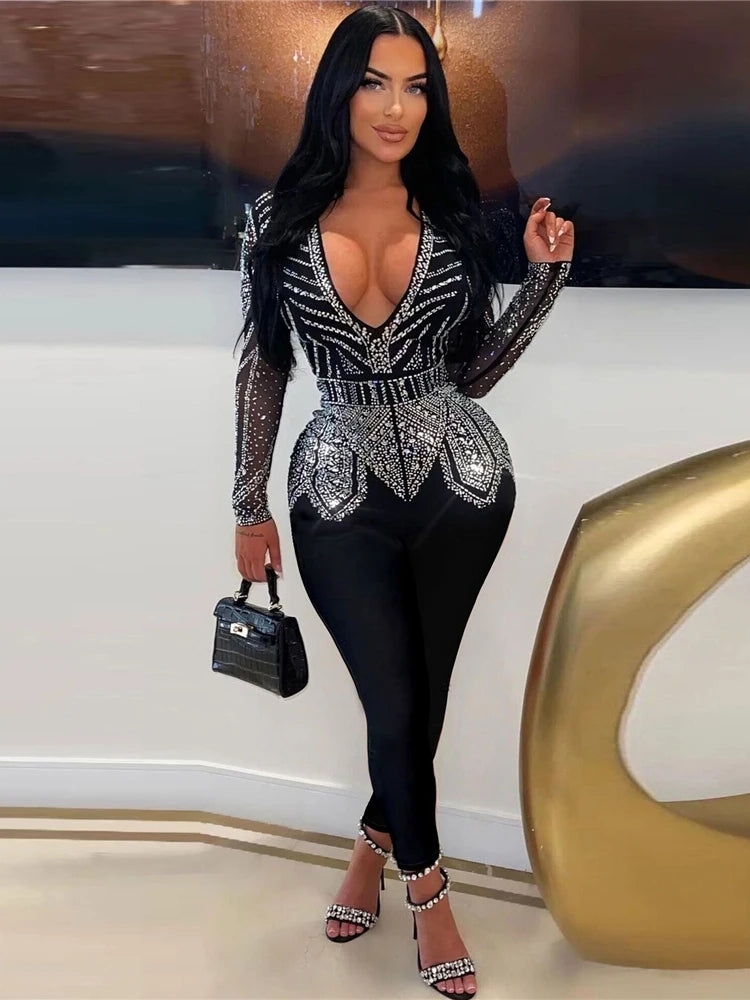Sparkle Black Rhinestone Long Pants Jumpsuits
