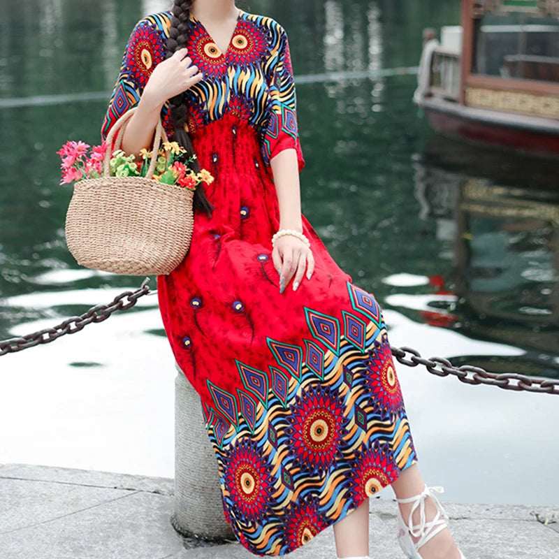 Bohemian Colorful Flower V-Neck Midi Dress
