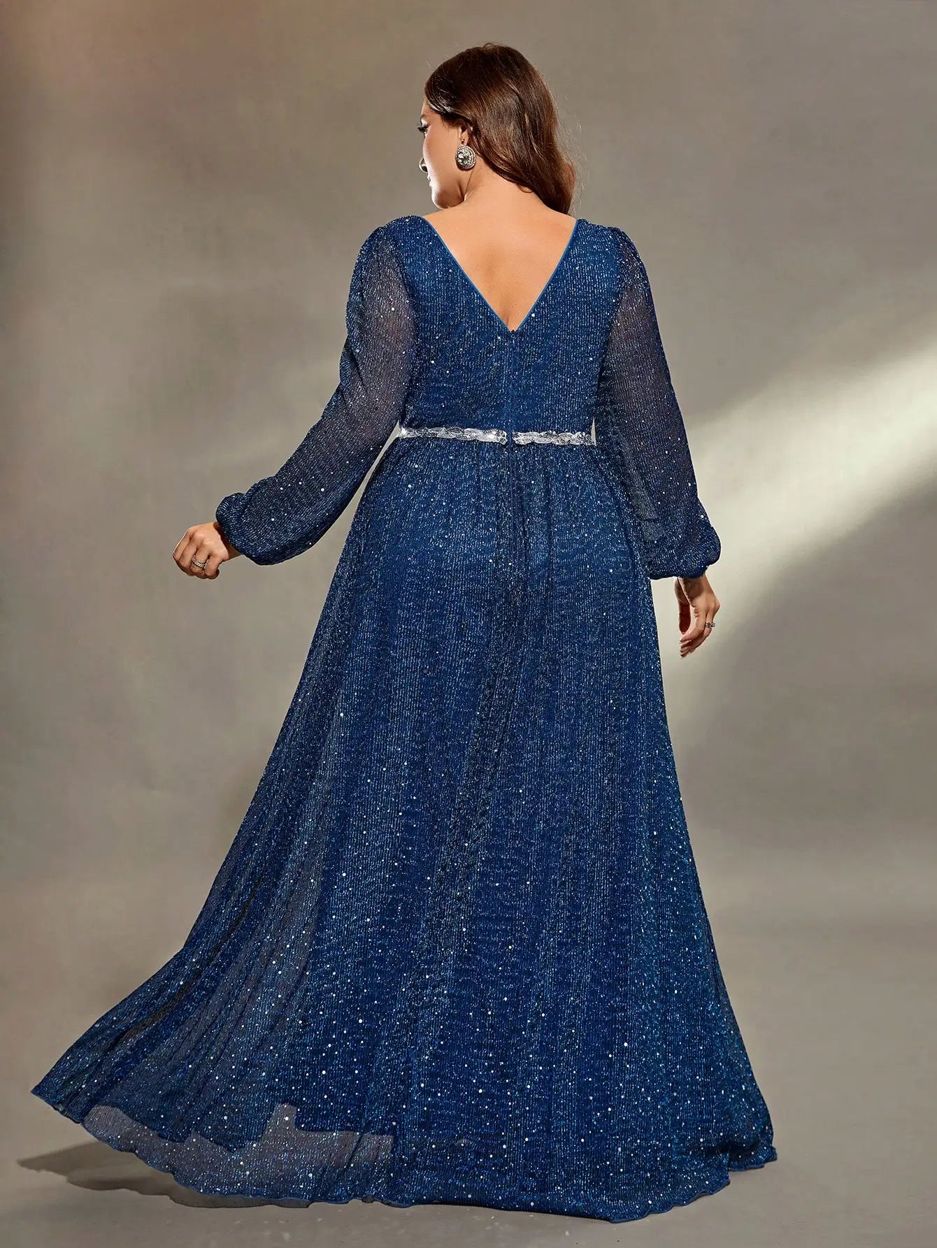 Plus size lantern sleeve sequins webbing net Evening gown