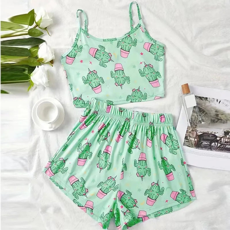 Green Ventilate Tank Tops And Shorts Pajamas Set