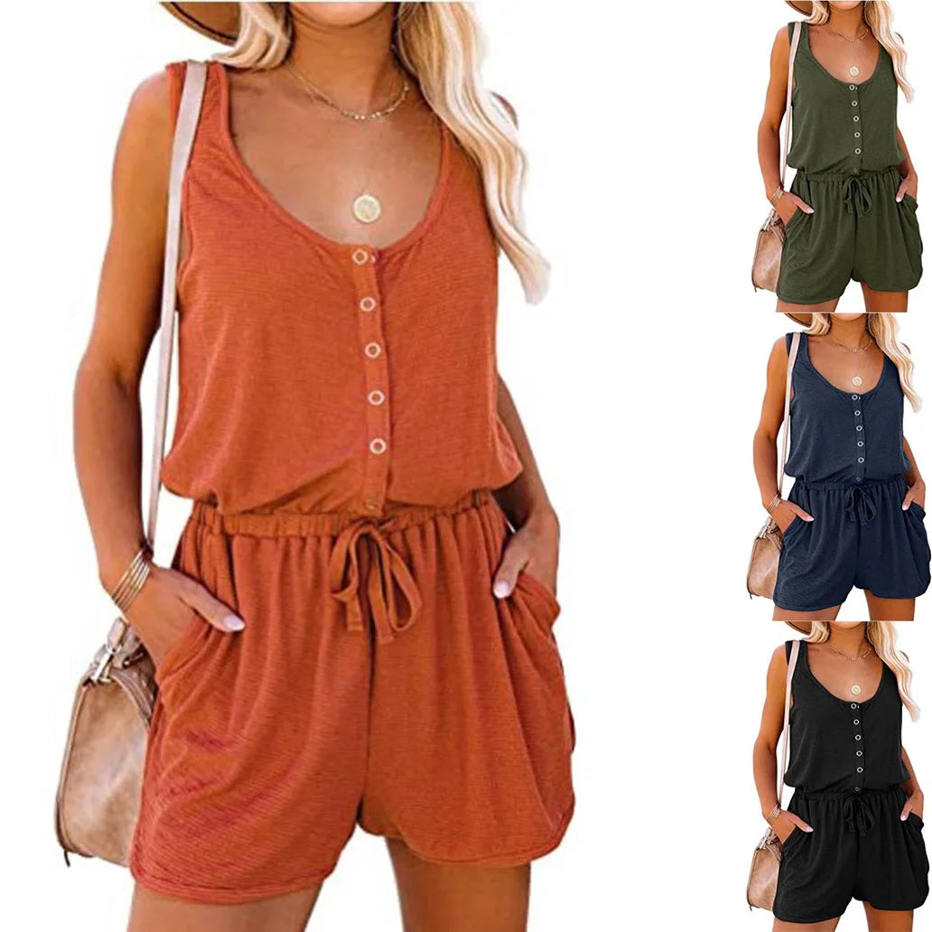 Summer Button Style New Sleeveless Jumpsuit With Waist Tied