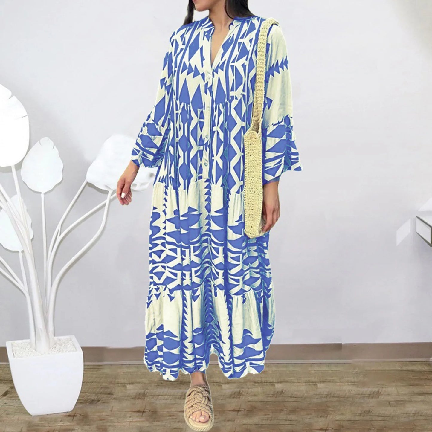 Long Sleeve Pleated Boho Print Shirt Dress