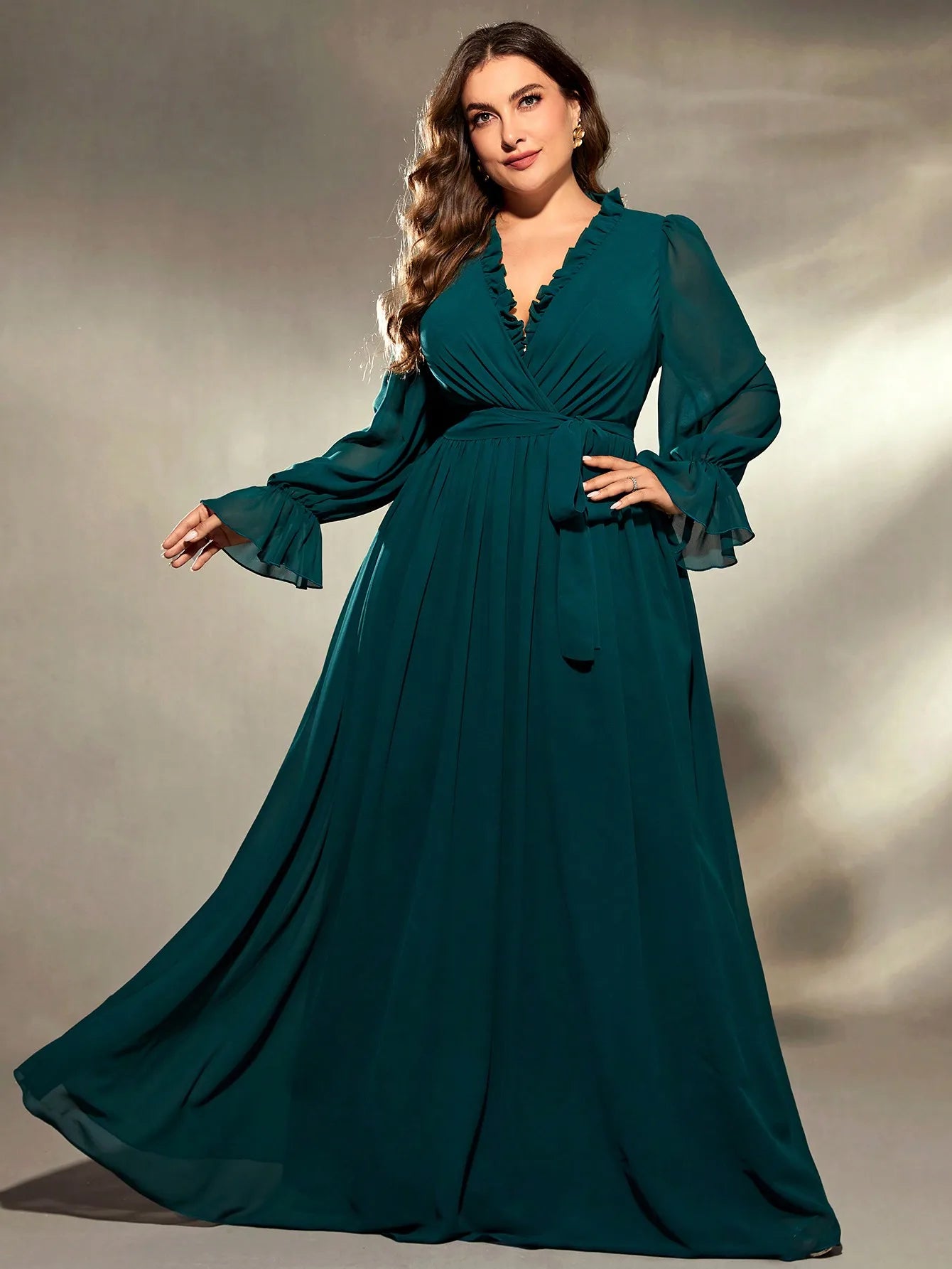 Plus size V-neck chiffon long sleeve dress