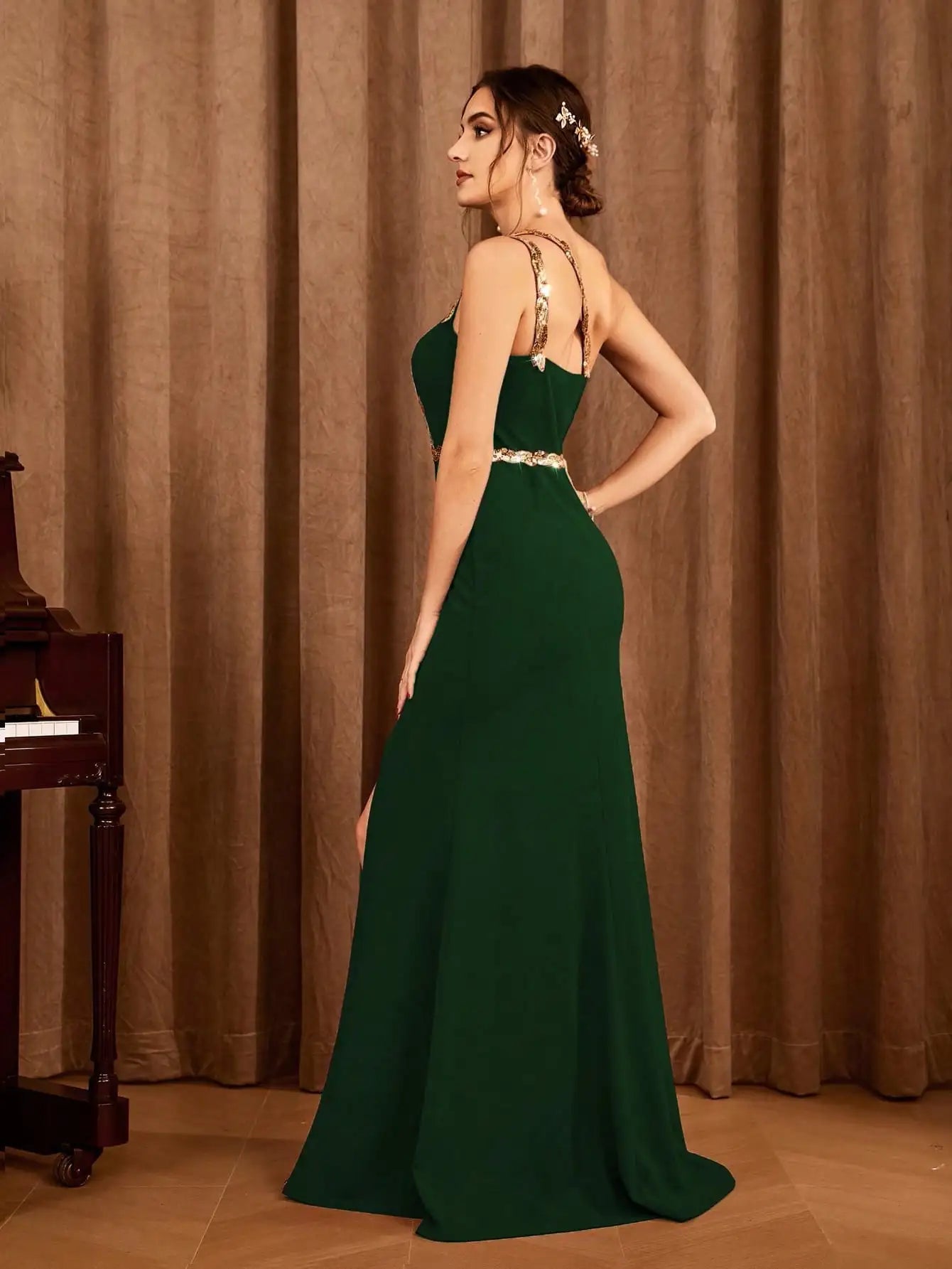 Sequin ribbon slit backless elegant evening gown