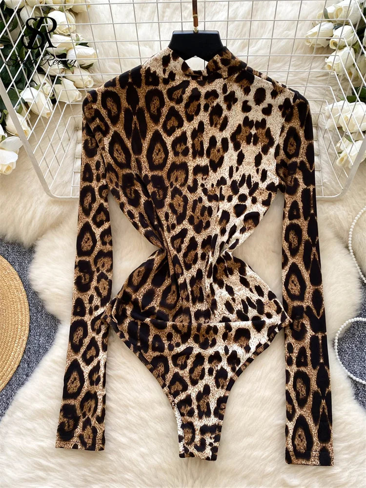 Turtleneck Long Sleeves Leopard Print Chic Design Bodysuits