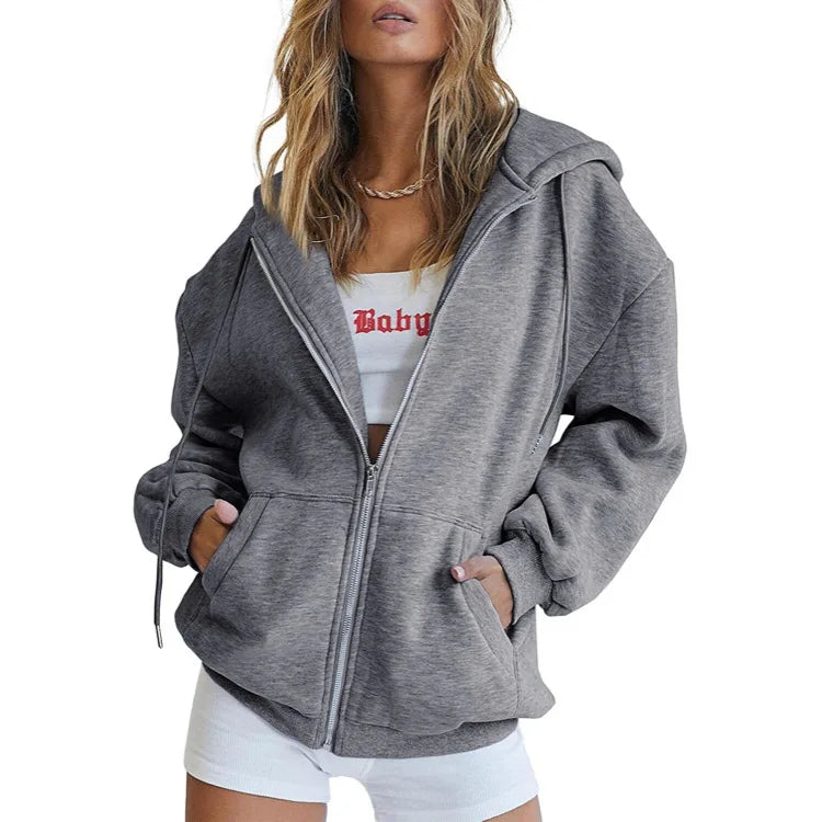 Women Zip Up Pockets Sweatshirt