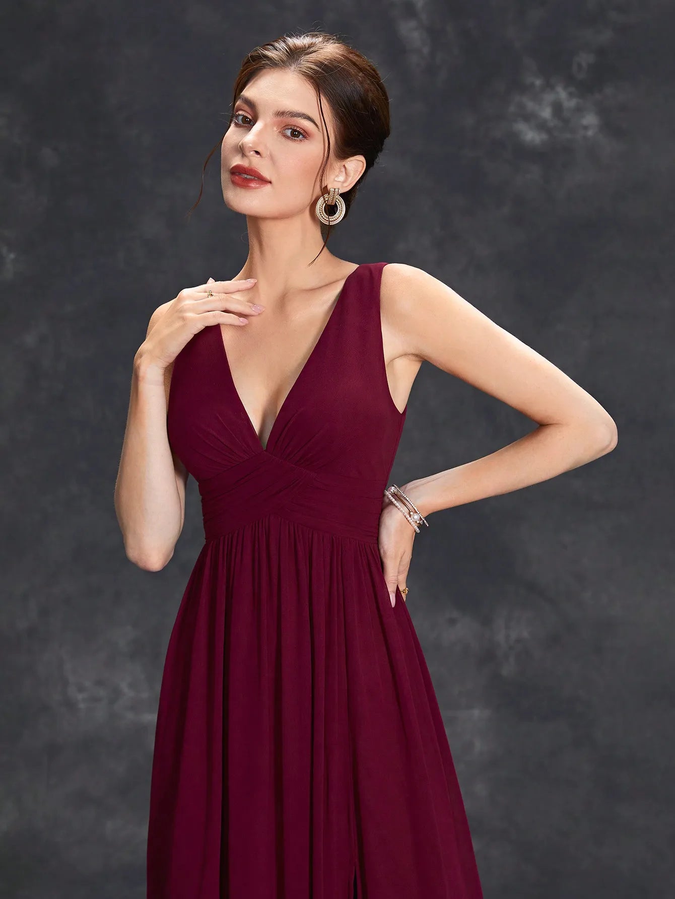 V-neck asymmetrical maroon pleats dress