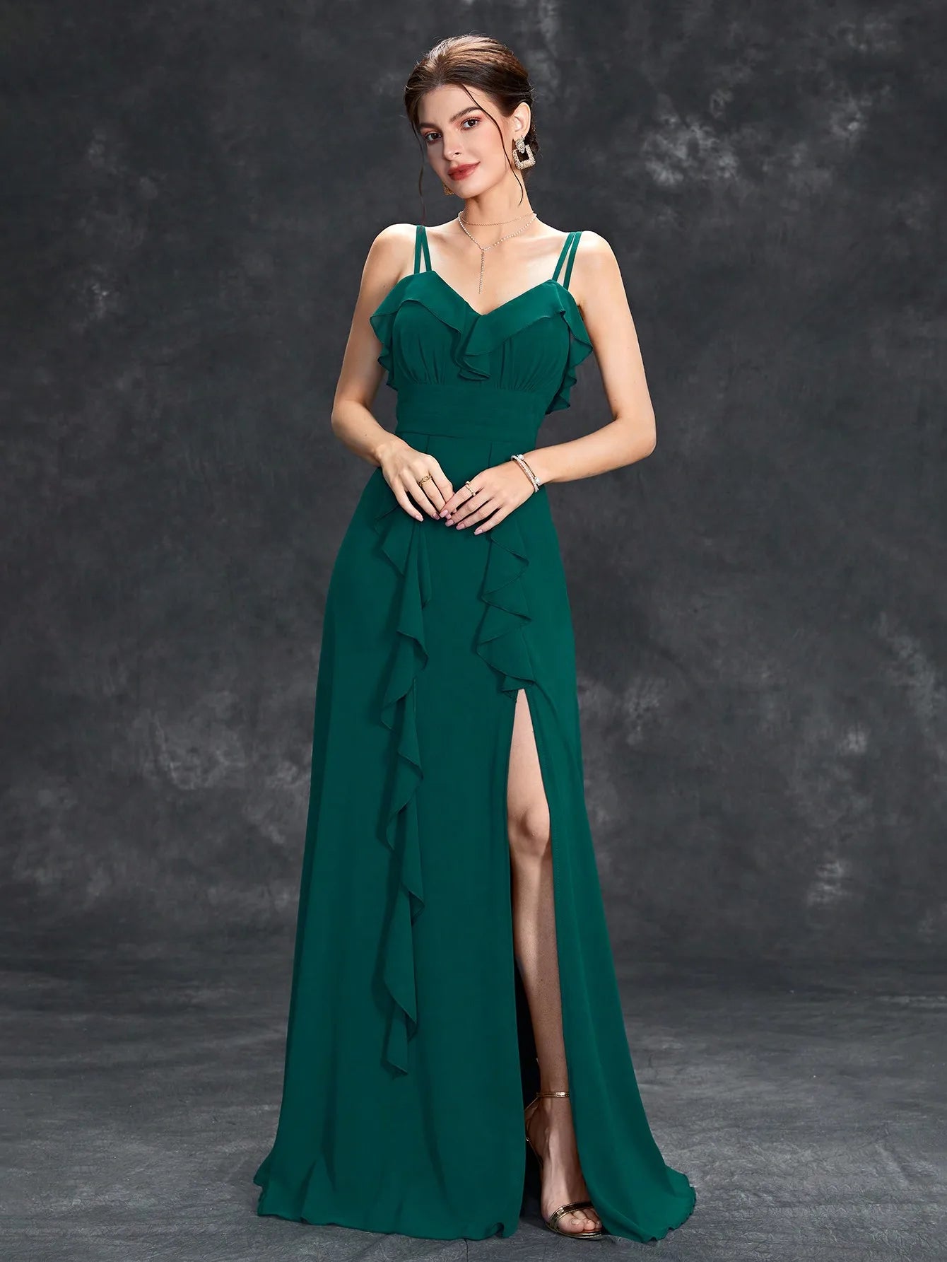 V-neck ruffled waist Evening gown