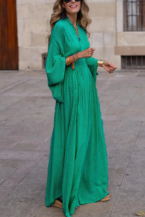 V-neck Folds Waist Loose Maxi Dress