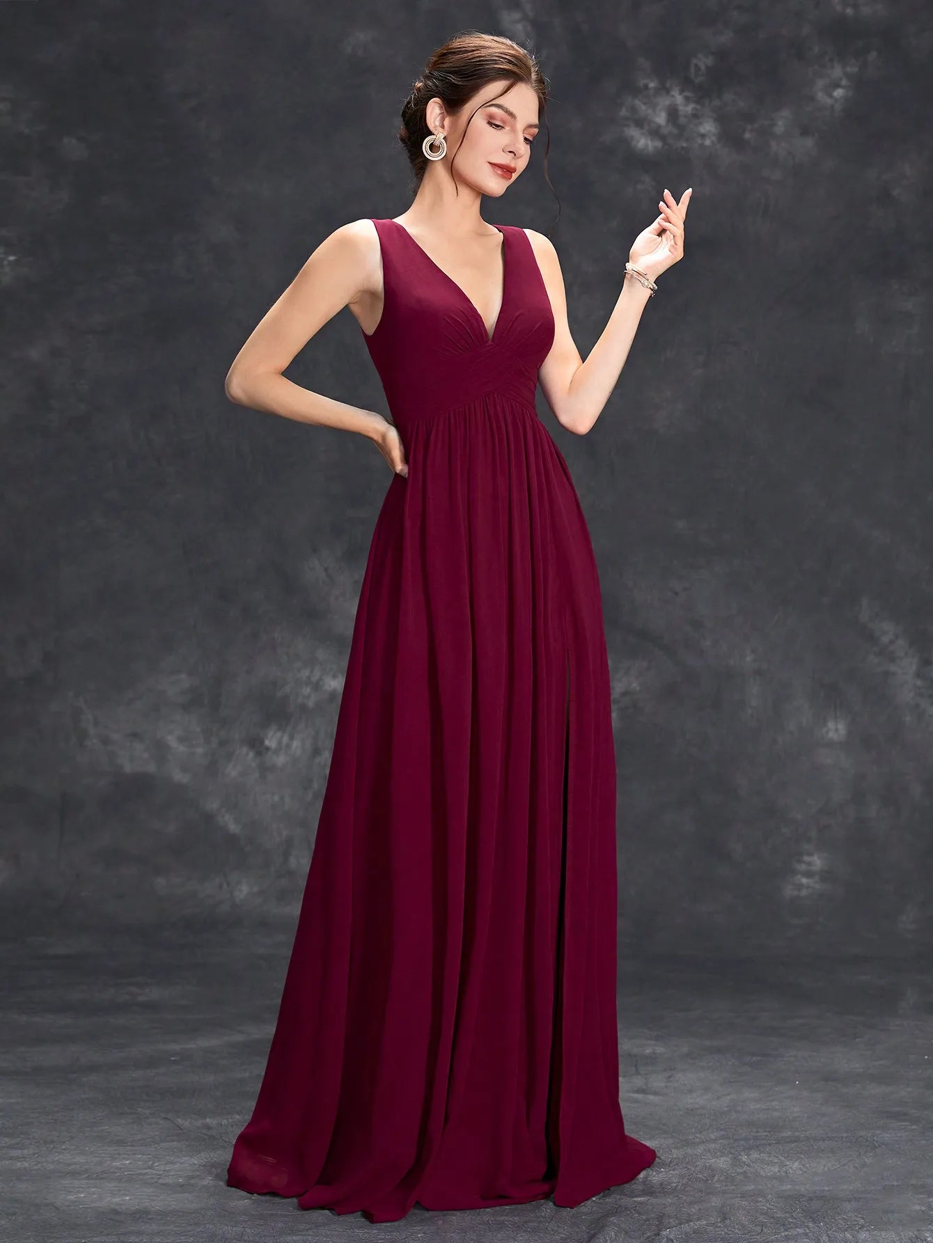 V-neck asymmetrical maroon pleats dress