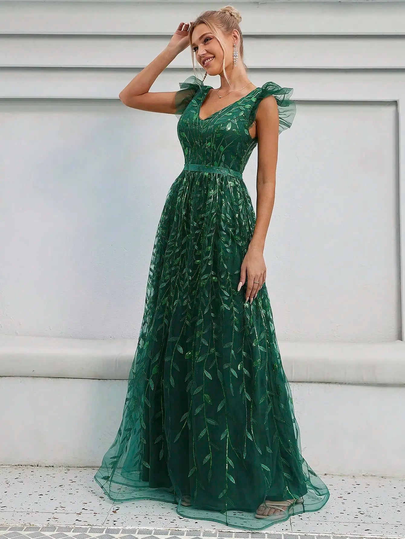 V-neck cap sleeve green swing dress