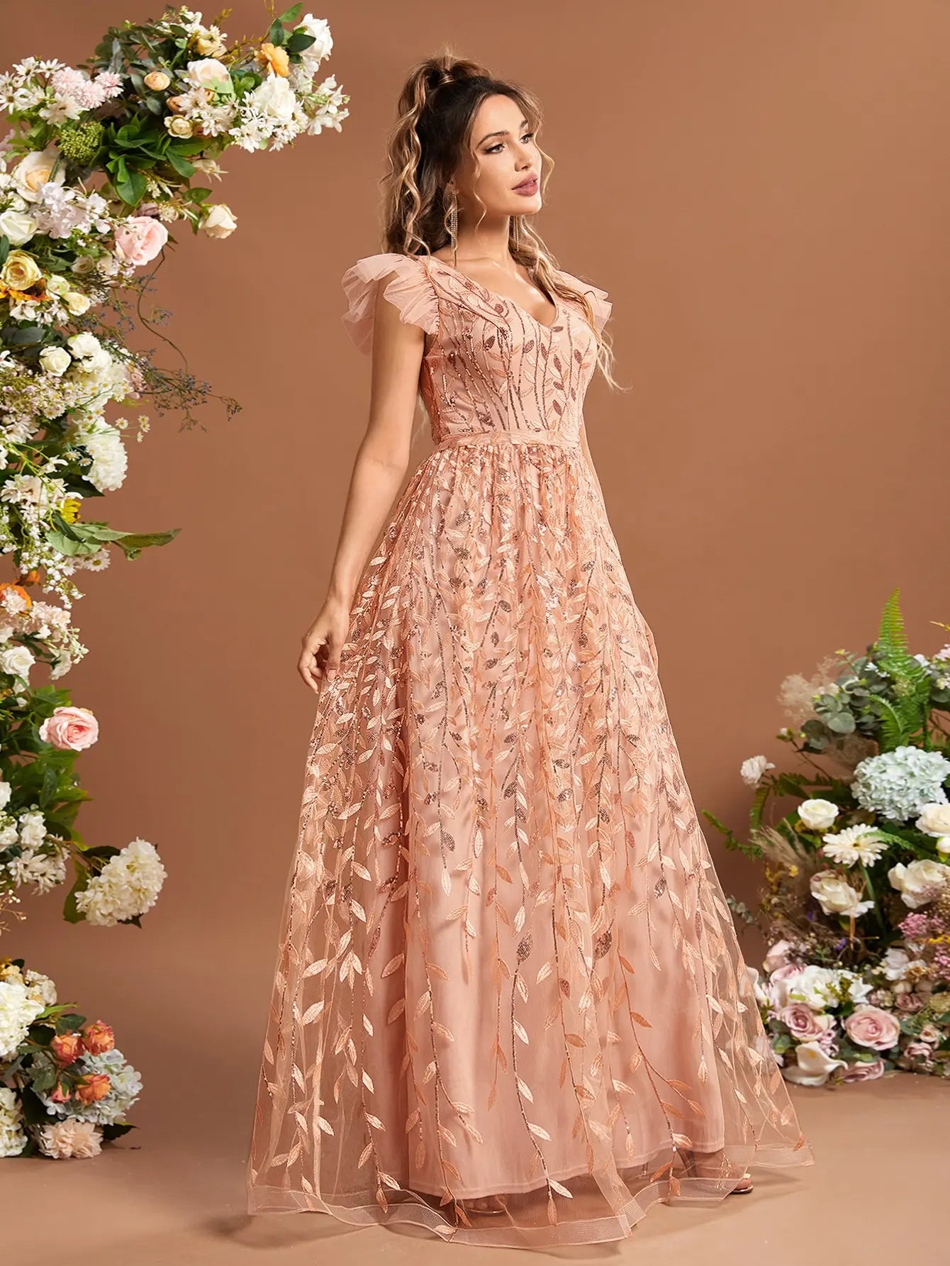 Ruffled sleeves lace mesh gorgeous evening ball dress Party