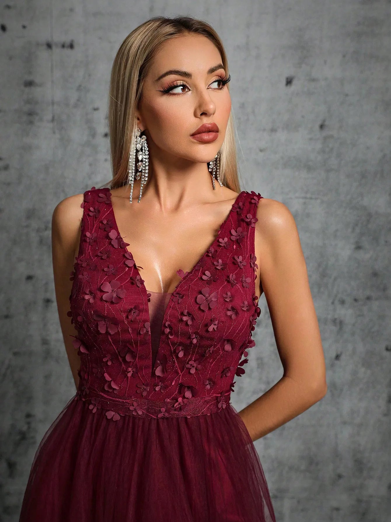 3d sequin embroidered mesh evening gown