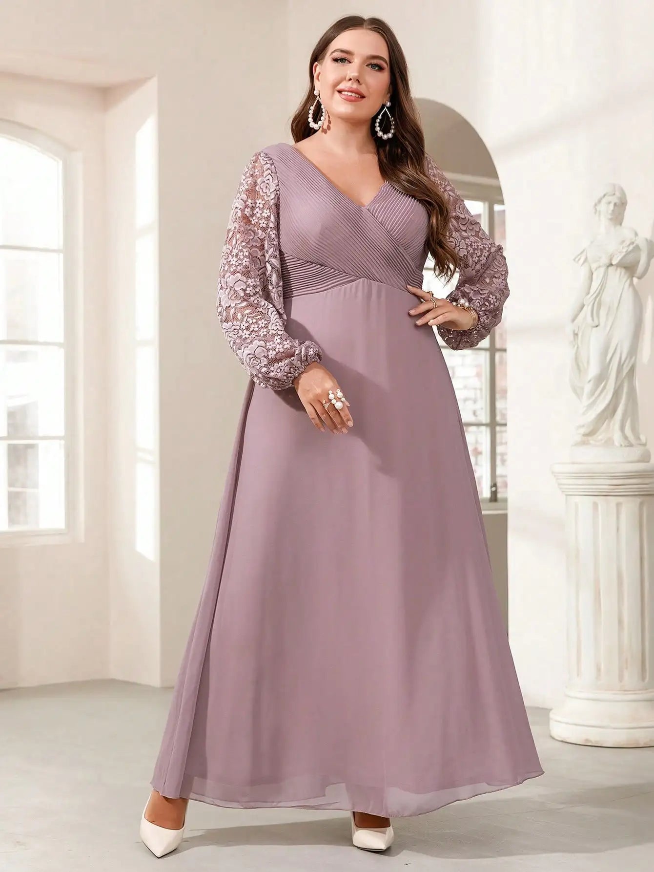 Plus-size patchwork cross lantern sleeve chiffon evening dress