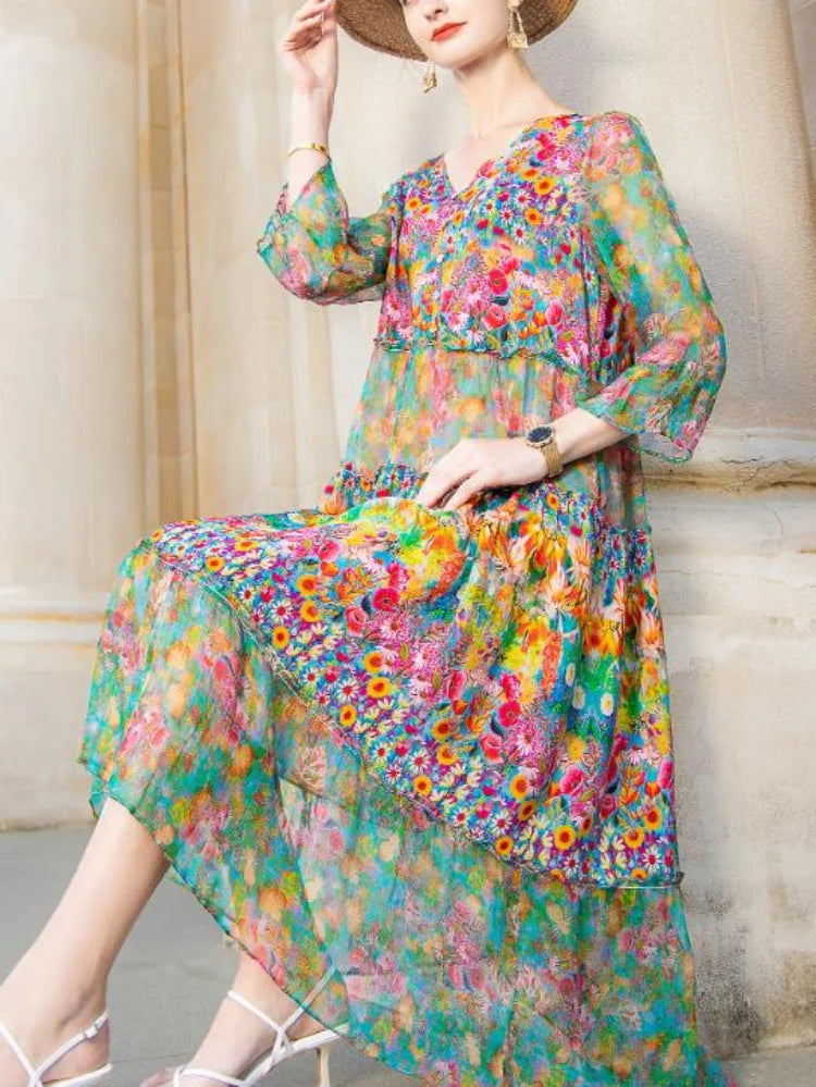 Beach Boho Vintage Print Chiffon V Neck Dress