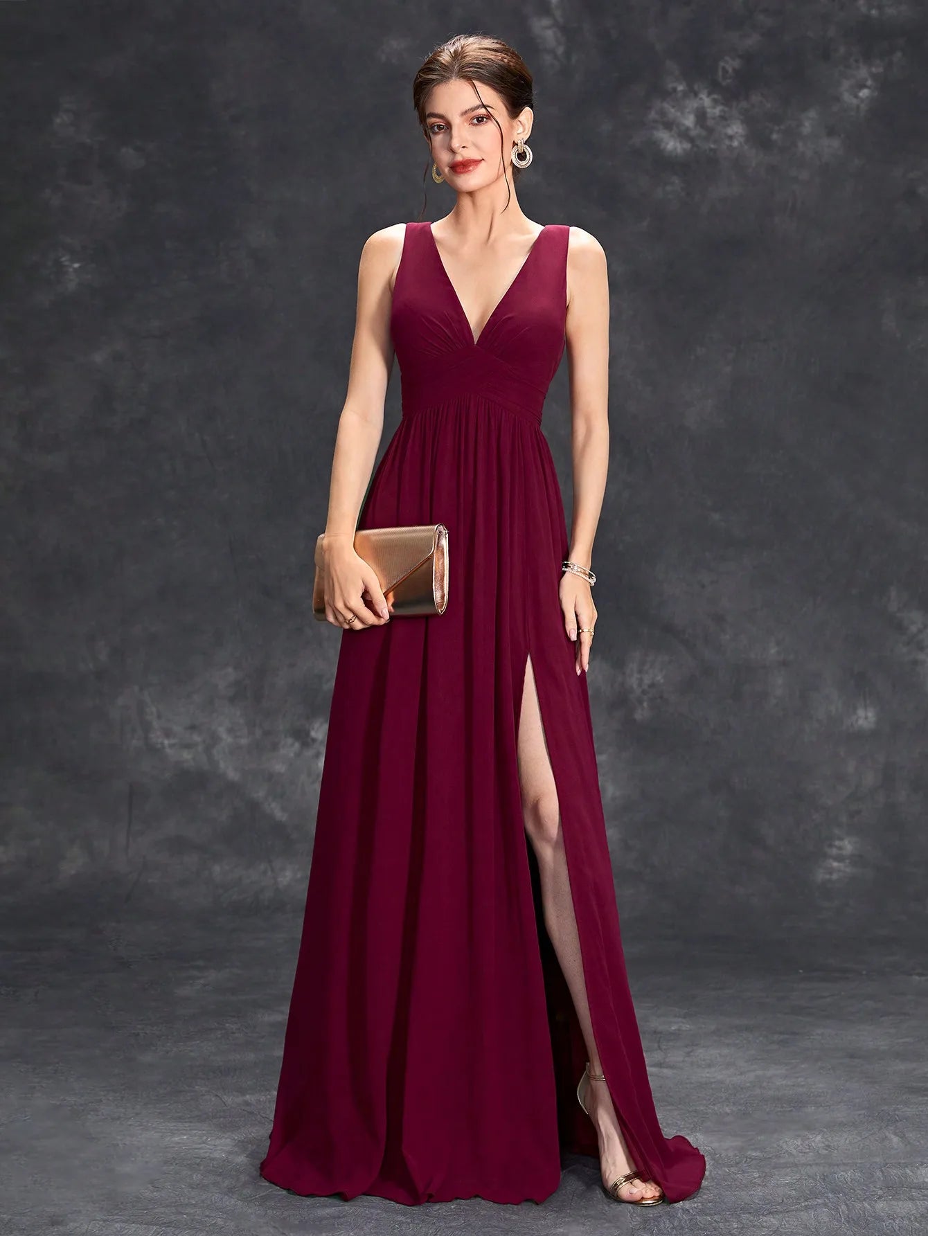 V-neck asymmetrical maroon pleats dress