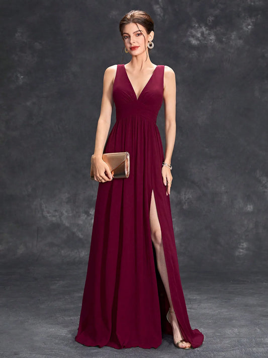 V-neck asymmetrical maroon pleats dress