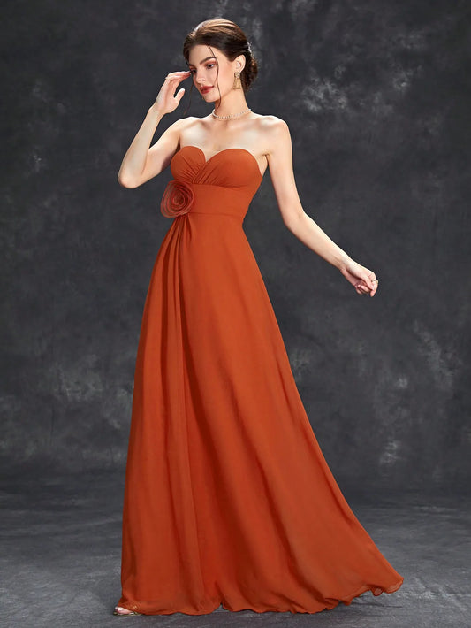 Pleated waist three-dimensional flower gown dress