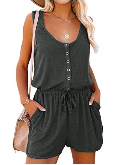 Summer Button Style New Sleeveless Jumpsuit With Waist Tied