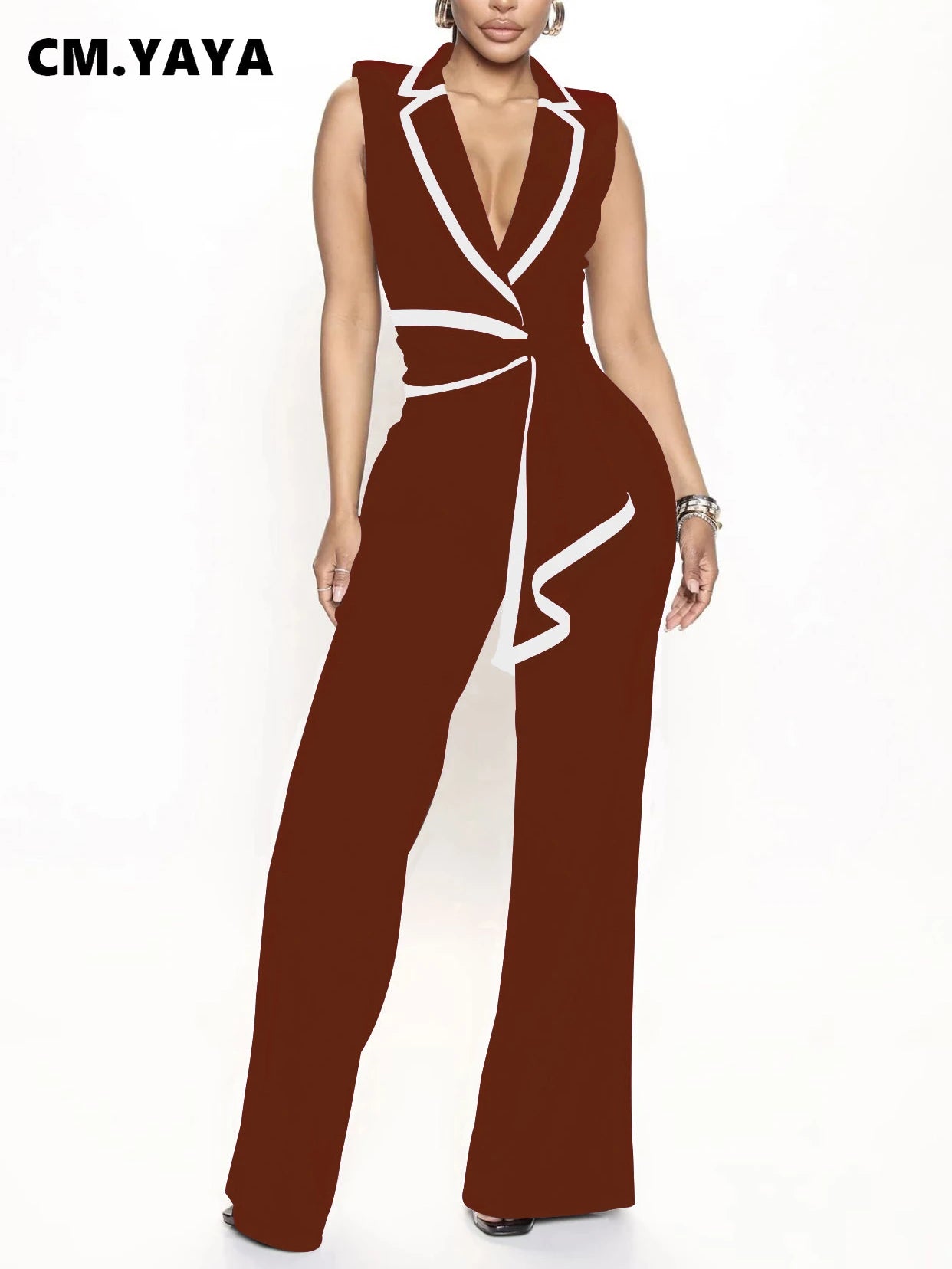 Striped Splicing Notched Collar Wide Leg Jumpsuits