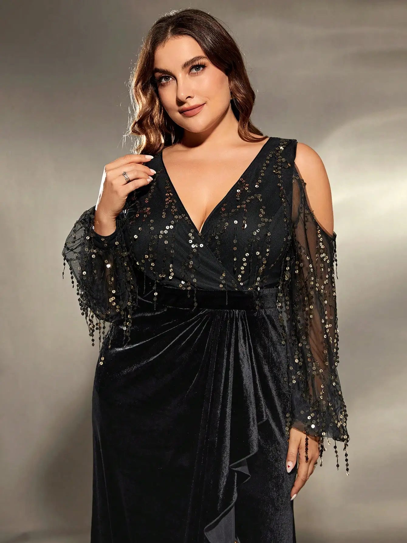 Plus size Deep V cross neck slit Evening gown