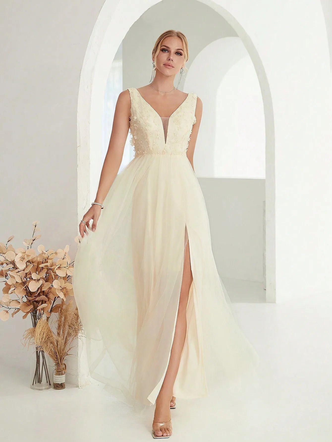 3d sequin embroidered mesh evening gown