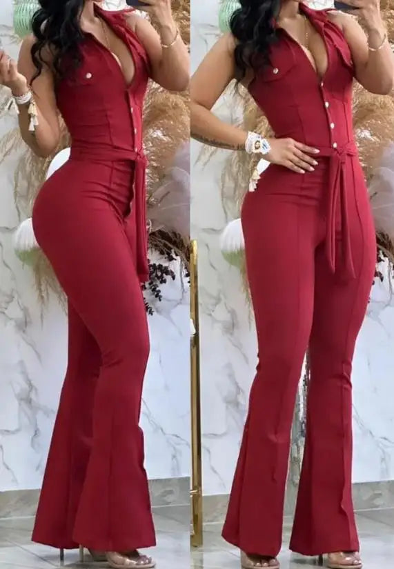 Sleeveless Sexy Plain Tied Detail Skinny Long Flared Jumpsuit