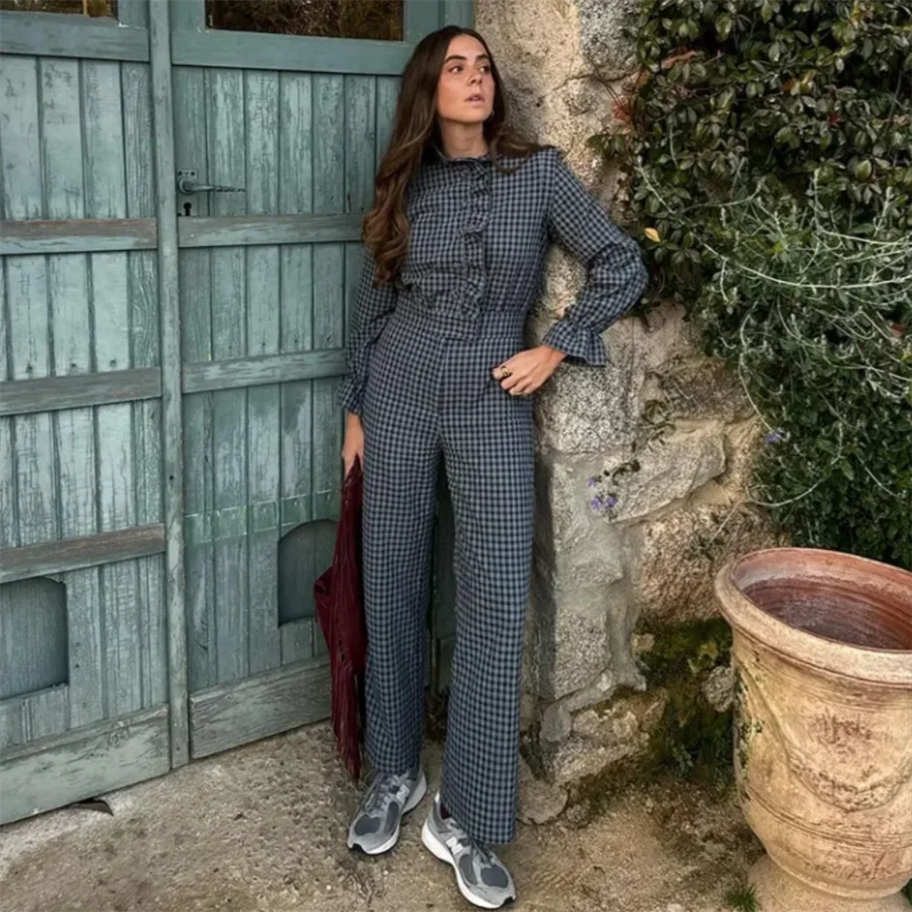 Casual versatile bubble sleeve plaid long jumpsuit