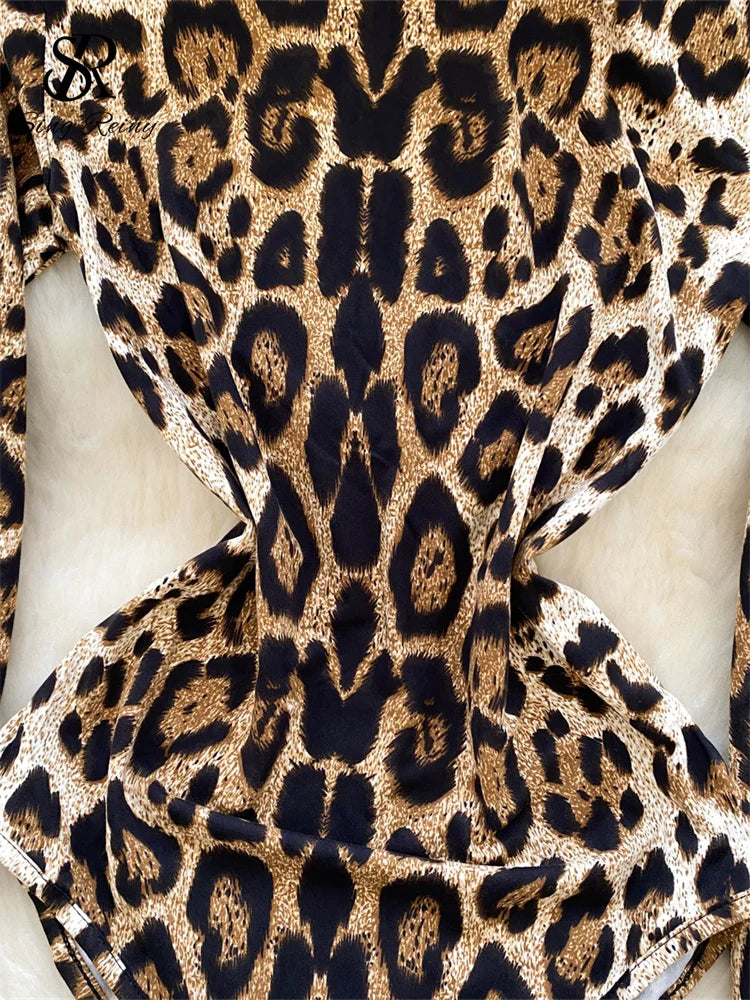 Turtleneck Long Sleeves Leopard Print Chic Design Bodysuits
