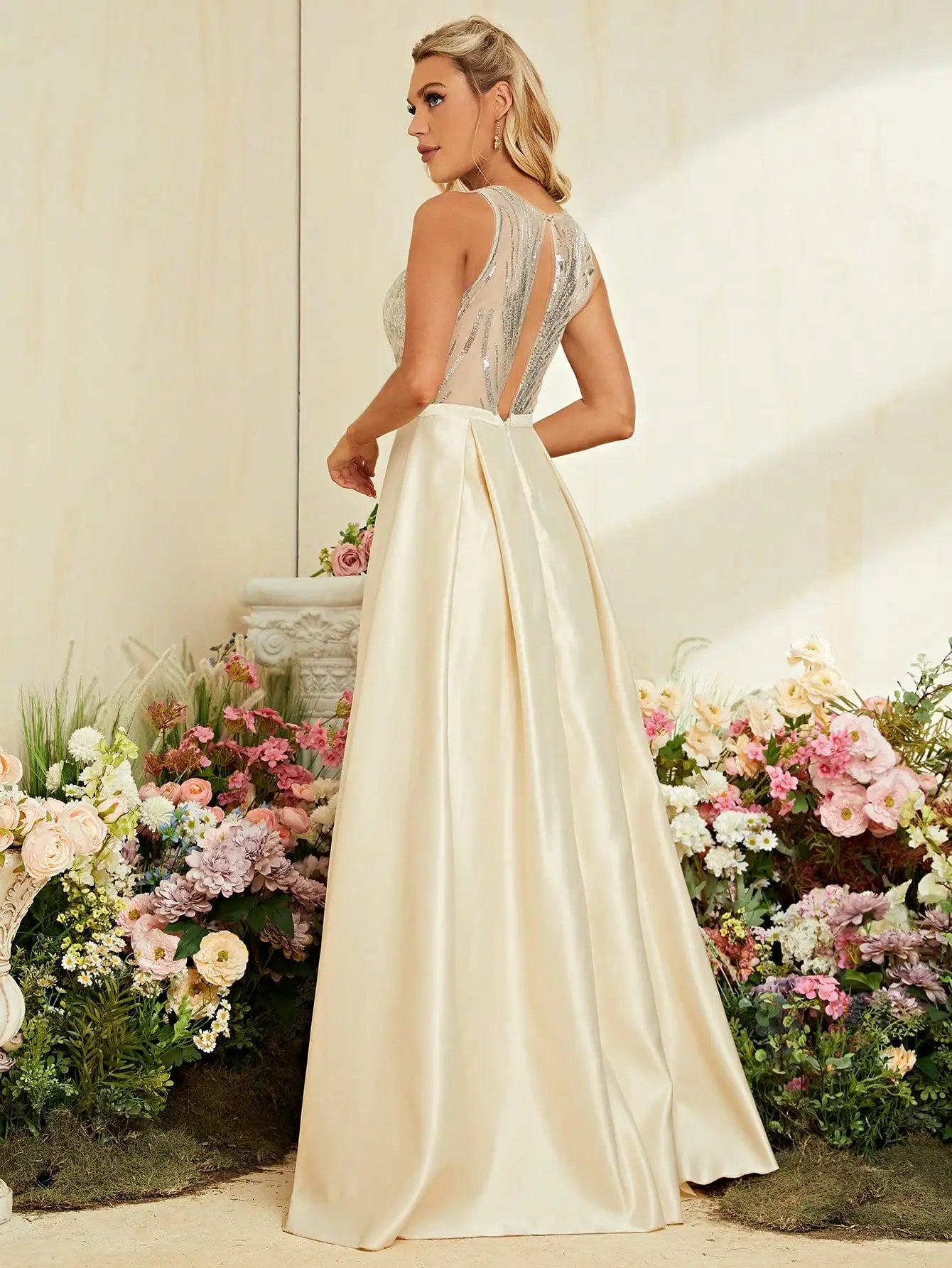 V Cutout sequin patchwork Evening gown