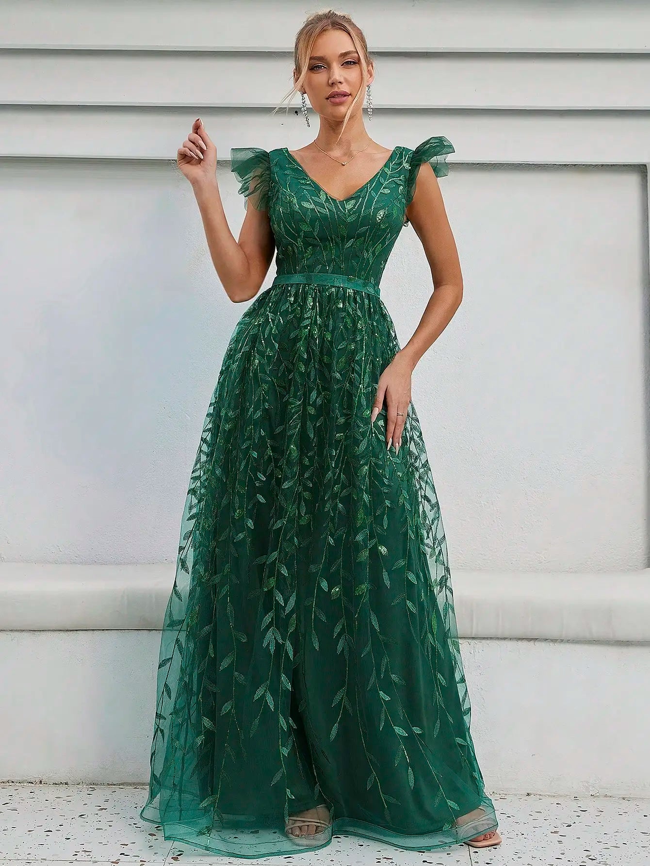 V-neck cap sleeve green swing dress