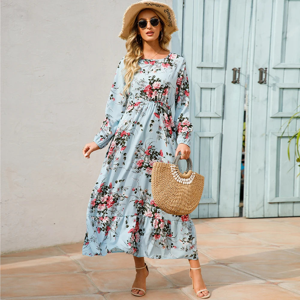 Bohemian Women Maxi Long Sleeve High Waist Beach Dress