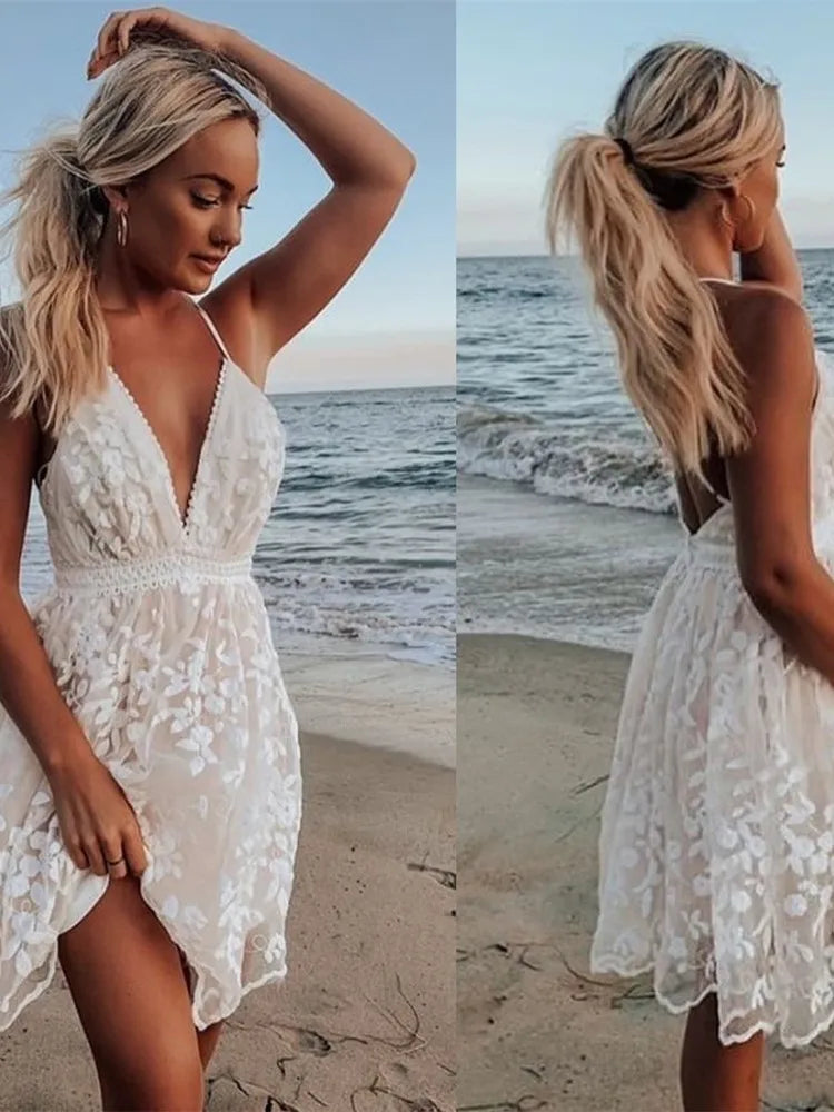 Spaghetti Strap White Embroidery Mesh Dress