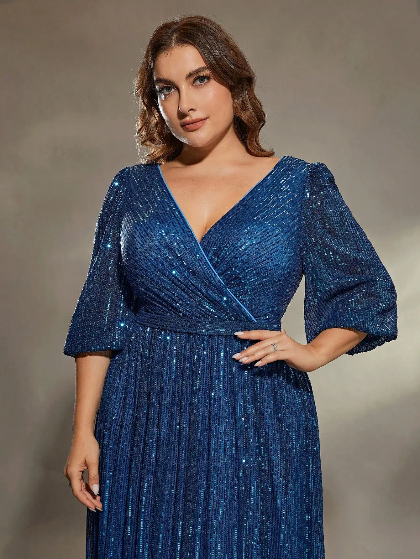 Plus size mid sleeve A-frame sequins Evening gown