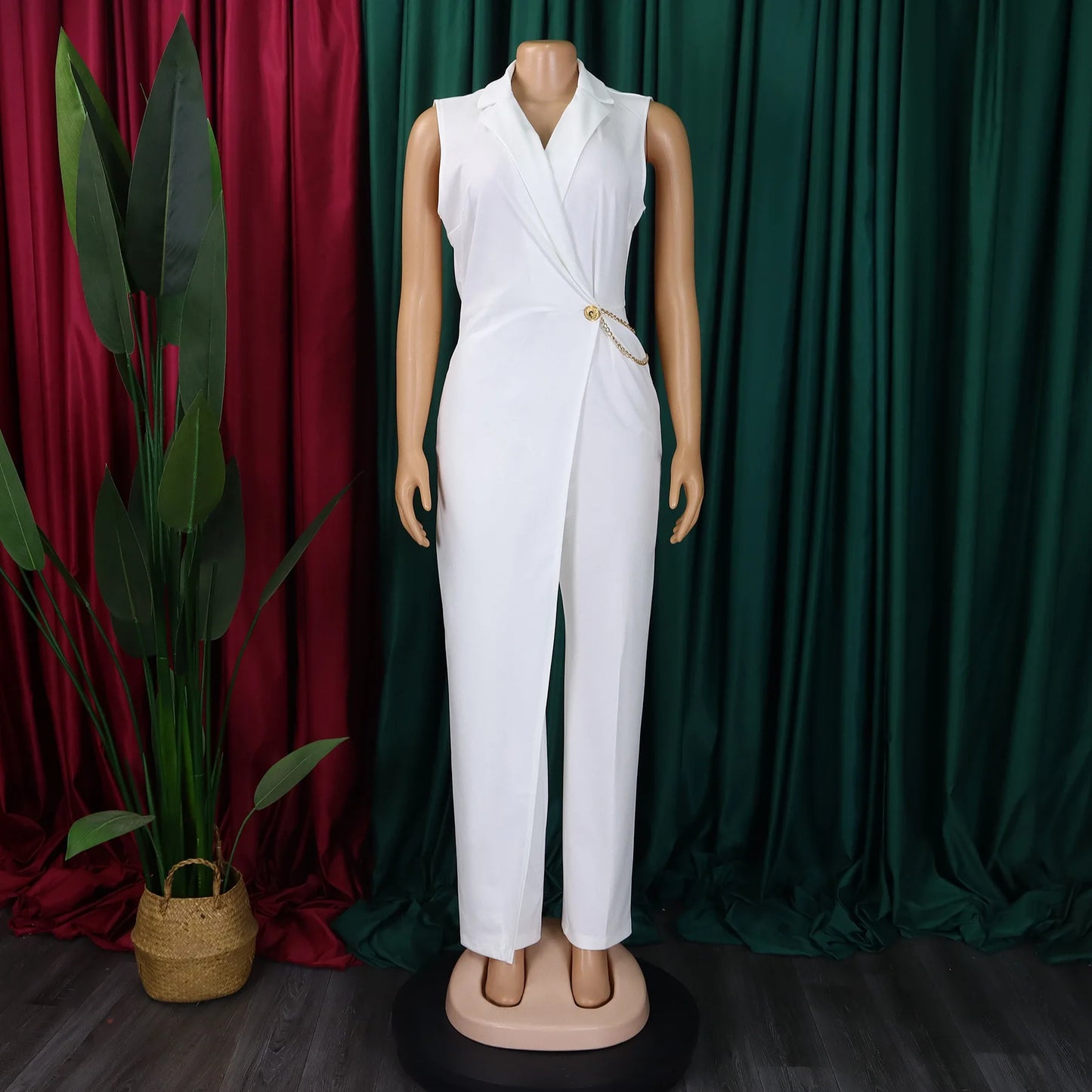 Turn Down Collar V Neck Sleeveless Elegant Jumpsuit