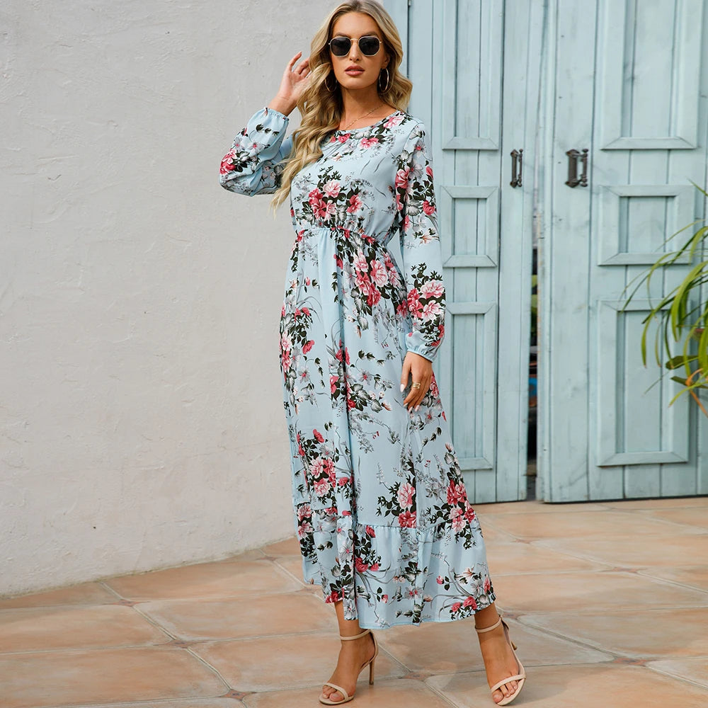 Bohemian Women Maxi Long Sleeve High Waist Beach Dress