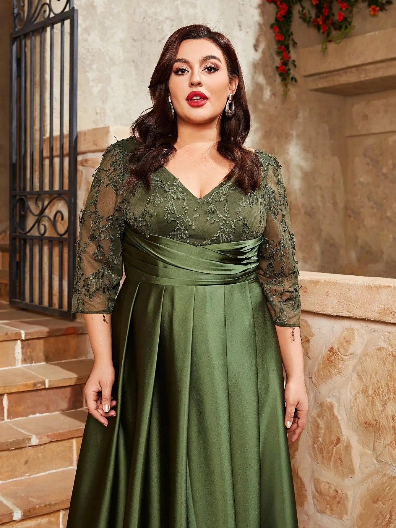 Plus size lace embroidery Mosaic satin Evening gown