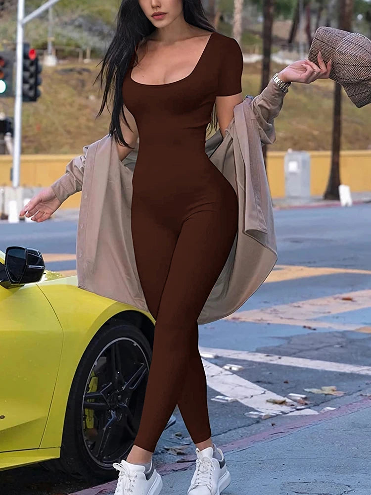 Short Sleeve Solid Skinny Bodycon Jumpsuits