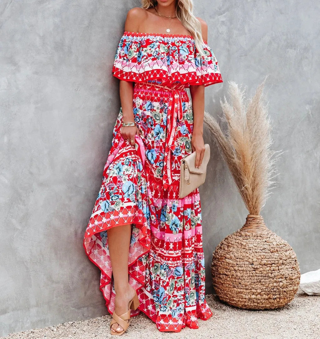 Boho  Print Slash Neck Maxi Dress
