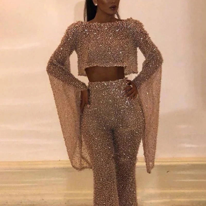 Flare Sleeve Shiny Sequin Women Club Party Jumpsuits