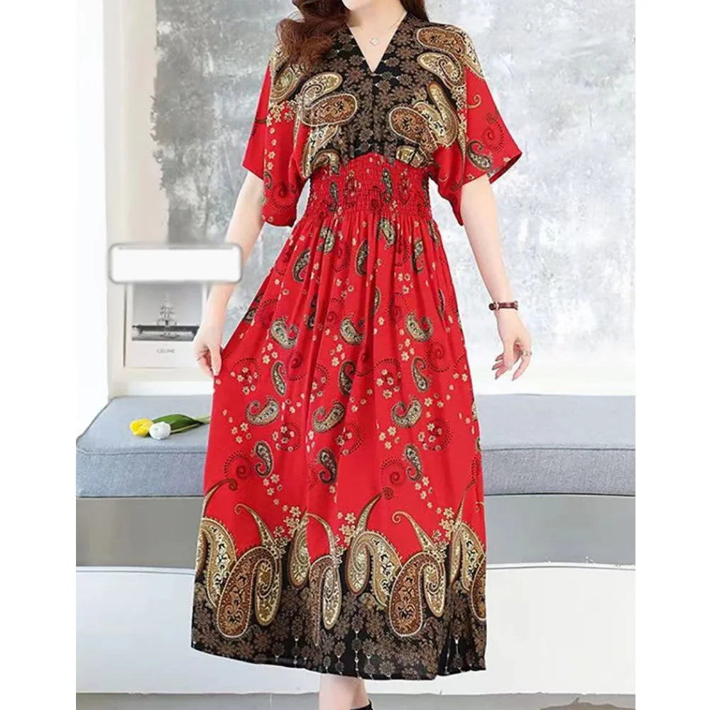 Print Batwing Sleeve Elastic High Waist Dress