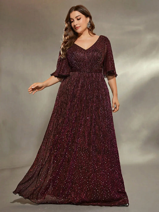 Plus size Mid sleeve Maroon sequins Evening gown