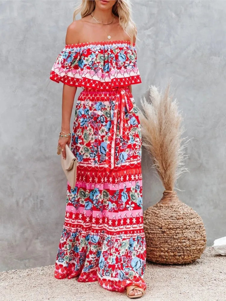 Boho  Print Slash Neck Maxi Dress