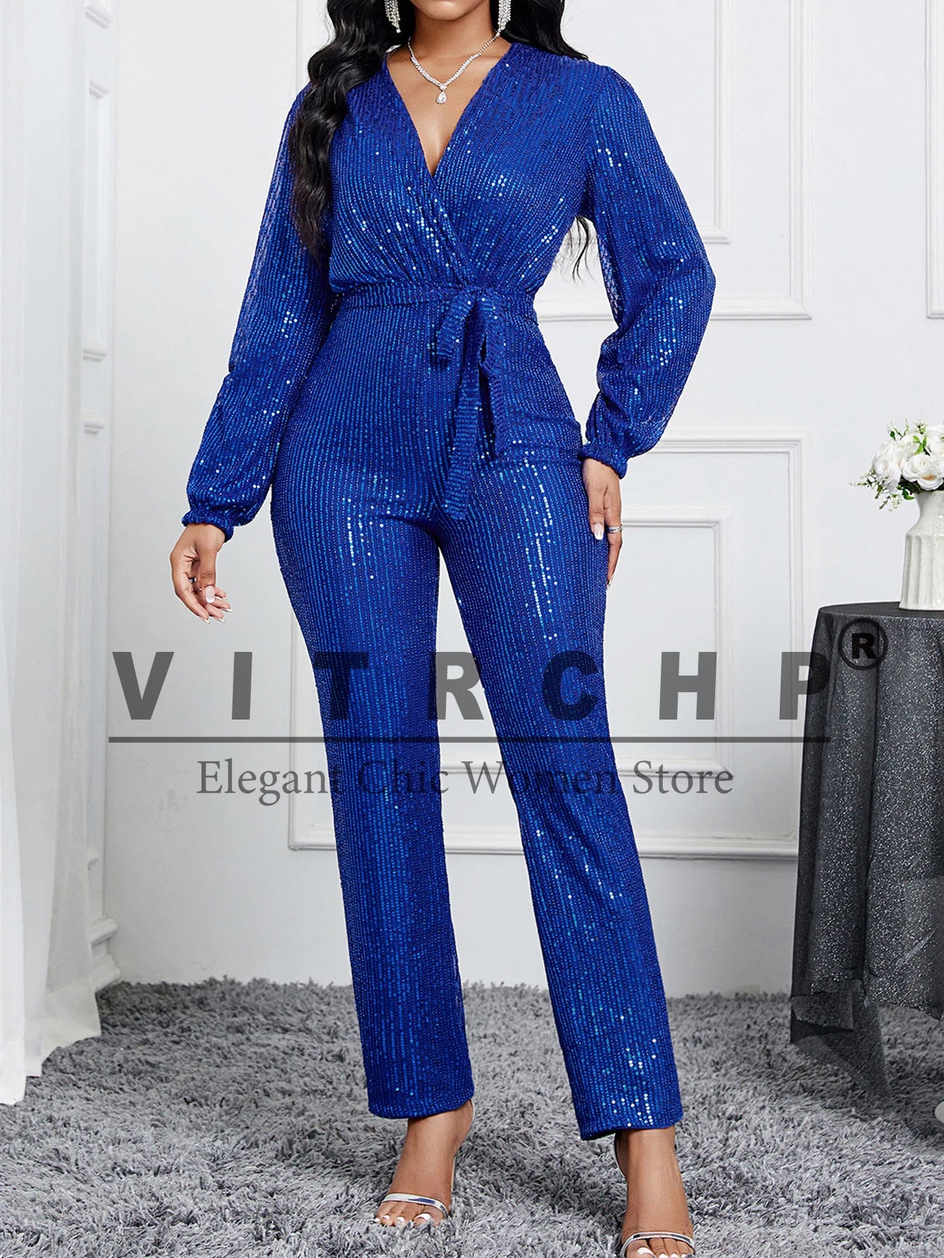 Pleated Slim High Waist Sequins Partywear Jumpsuits